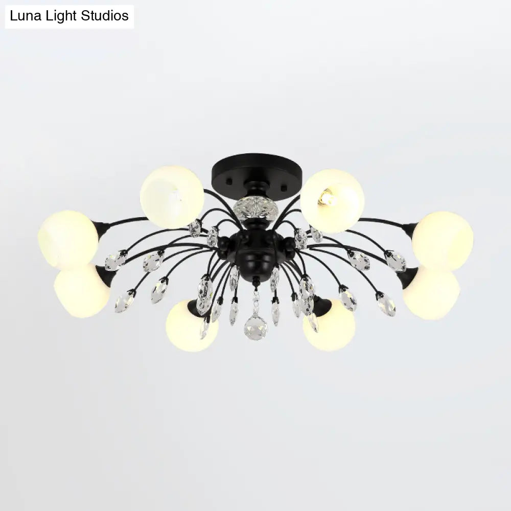 Modern Opal Glass Sputnik Globe Semi Flush Ceiling Fixture With Crystal Deco - 8 - Bulb Black