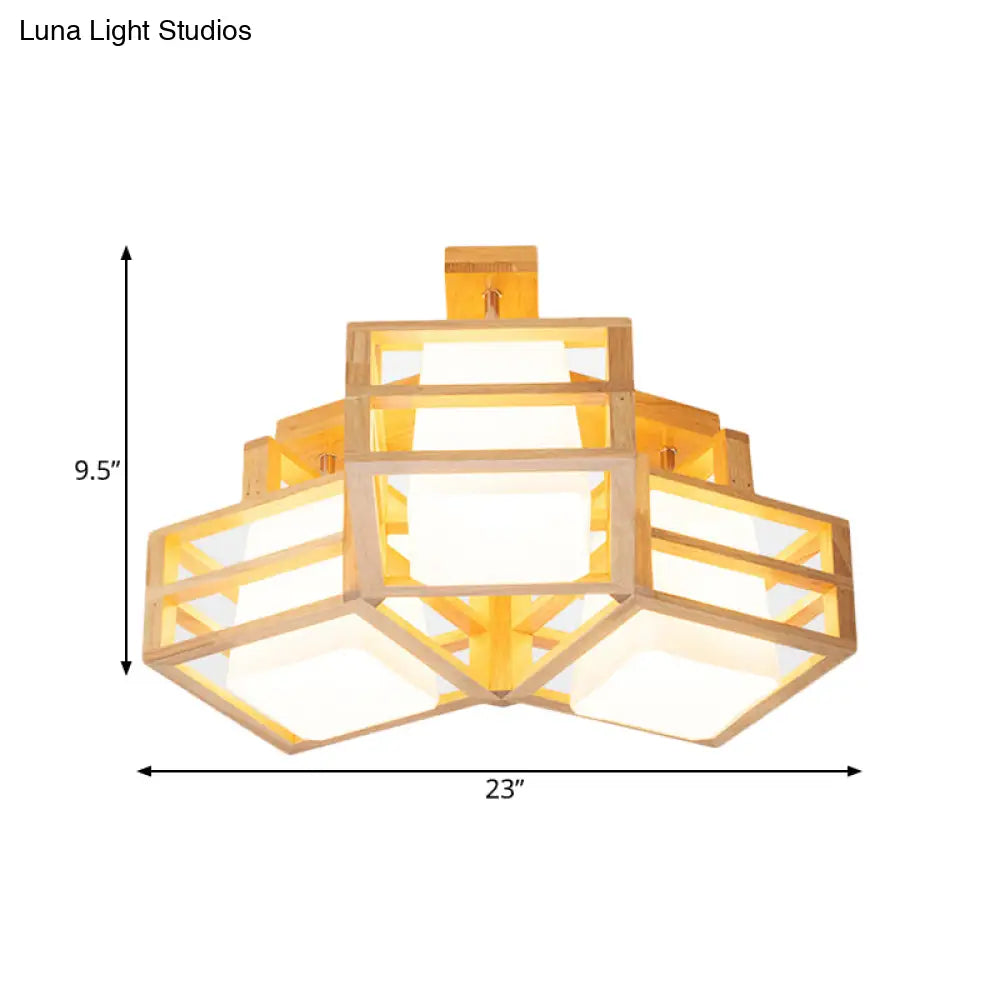 Modern Opaline Matte Glass Cube Ceiling Light With 3 Beige Heads & Wood Cage Guard