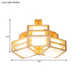 Modern Opaline Matte Glass Cube Ceiling Light With 3 Beige Heads & Wood Cage Guard