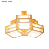 Modern Opaline Matte Glass Cube Ceiling Light With 3 Beige Heads & Wood Cage Guard