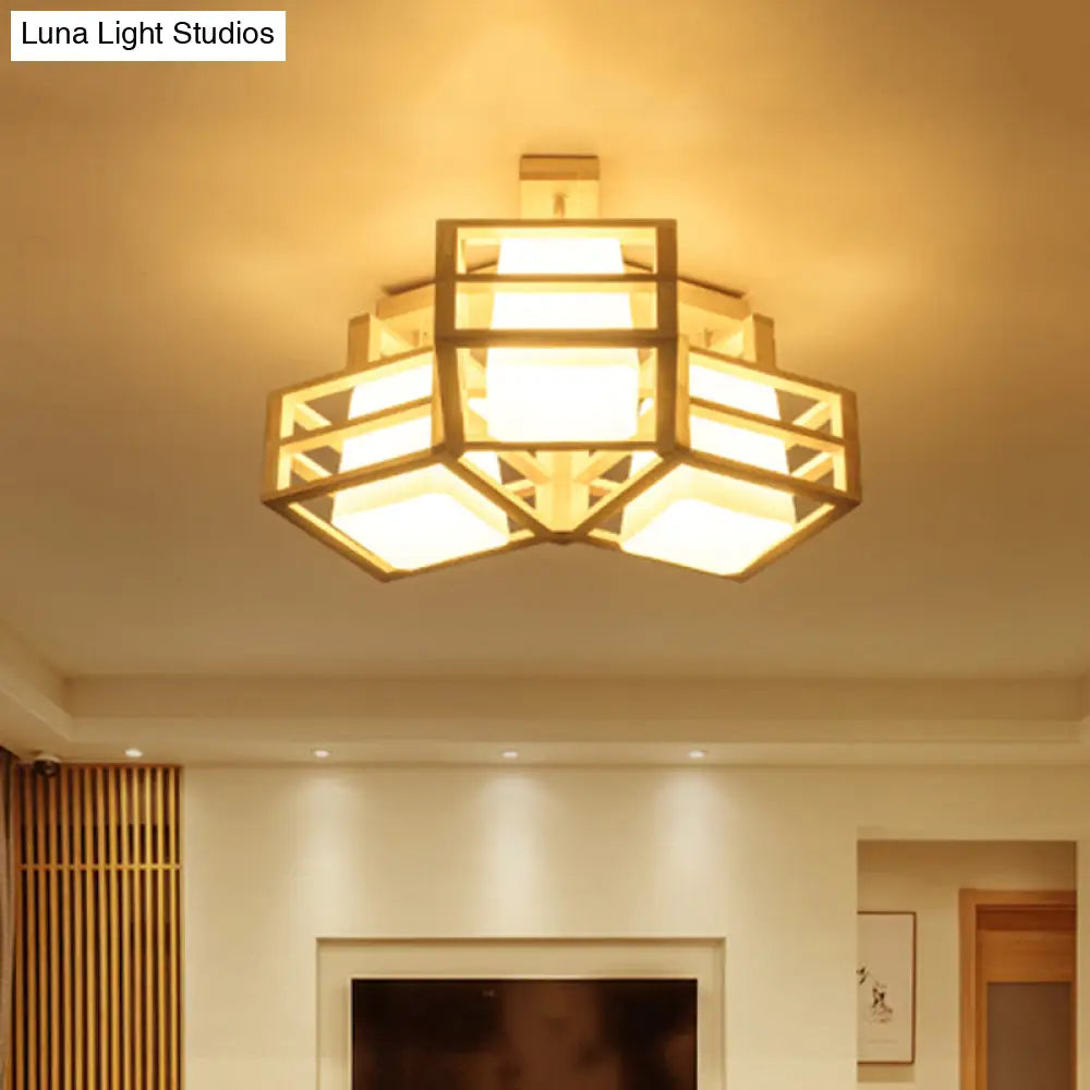 Modern Opaline Matte Glass Cube Ceiling Light With 3 Beige Heads & Wood Cage Guard