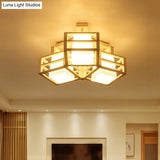 Modern Opaline Matte Glass Cube Ceiling Light With 3 Beige Heads & Wood Cage Guard