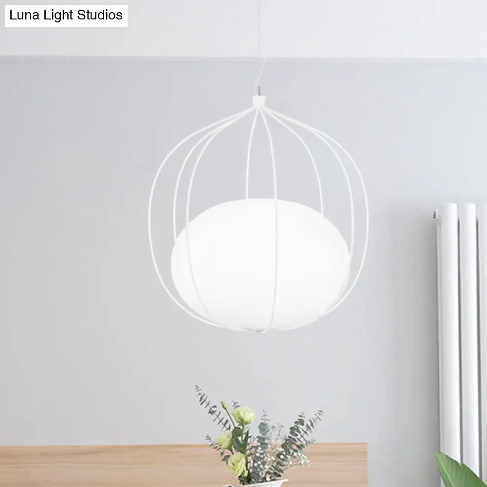Modern Pendant Light: Egg Milk Glass Suspension With Melon Wire Frame - Ideal For Offices