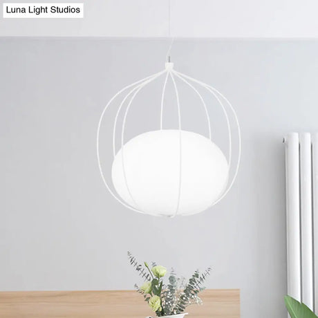 Modern Pendant Light: Egg Milk Glass Suspension With Melon Wire Frame - Ideal For Offices