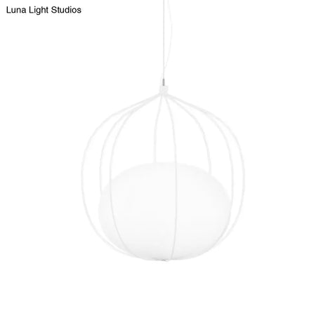 Modern Pendant Light: Egg Milk Glass Suspension With Melon Wire Frame - Ideal For Offices