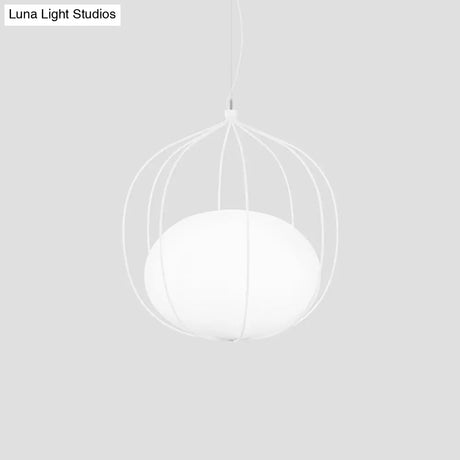 Modern Pendant Light: Egg Milk Glass Suspension With Melon Wire Frame - Ideal For Offices