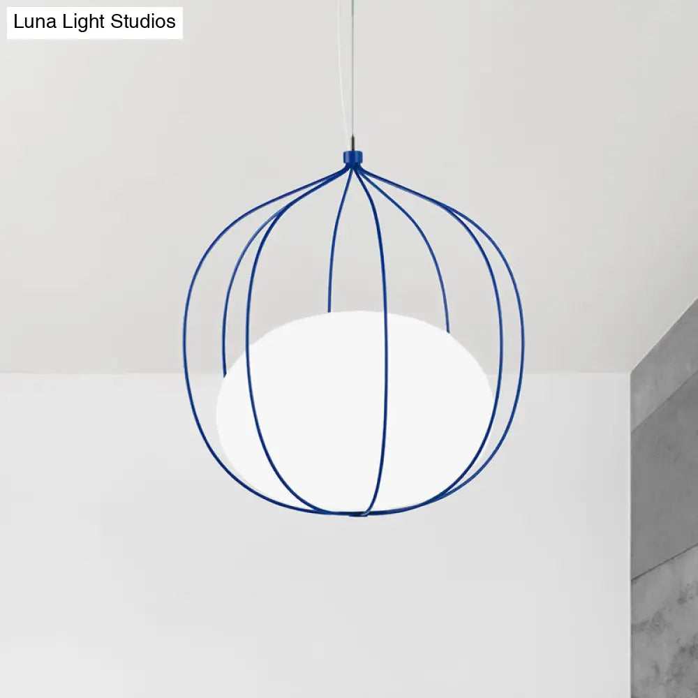 Modern Pendant Light: Egg Milk Glass Suspension With Melon Wire Frame - Ideal For Offices