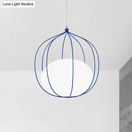 Modern Pendant Light: Egg Milk Glass Suspension With Melon Wire Frame - Ideal For Offices