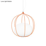 Modern Pendant Light: Egg Milk Glass Suspension With Melon Wire Frame - Ideal For Offices