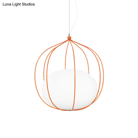 Modern Pendant Light: Egg Milk Glass Suspension With Melon Wire Frame - Ideal For Offices