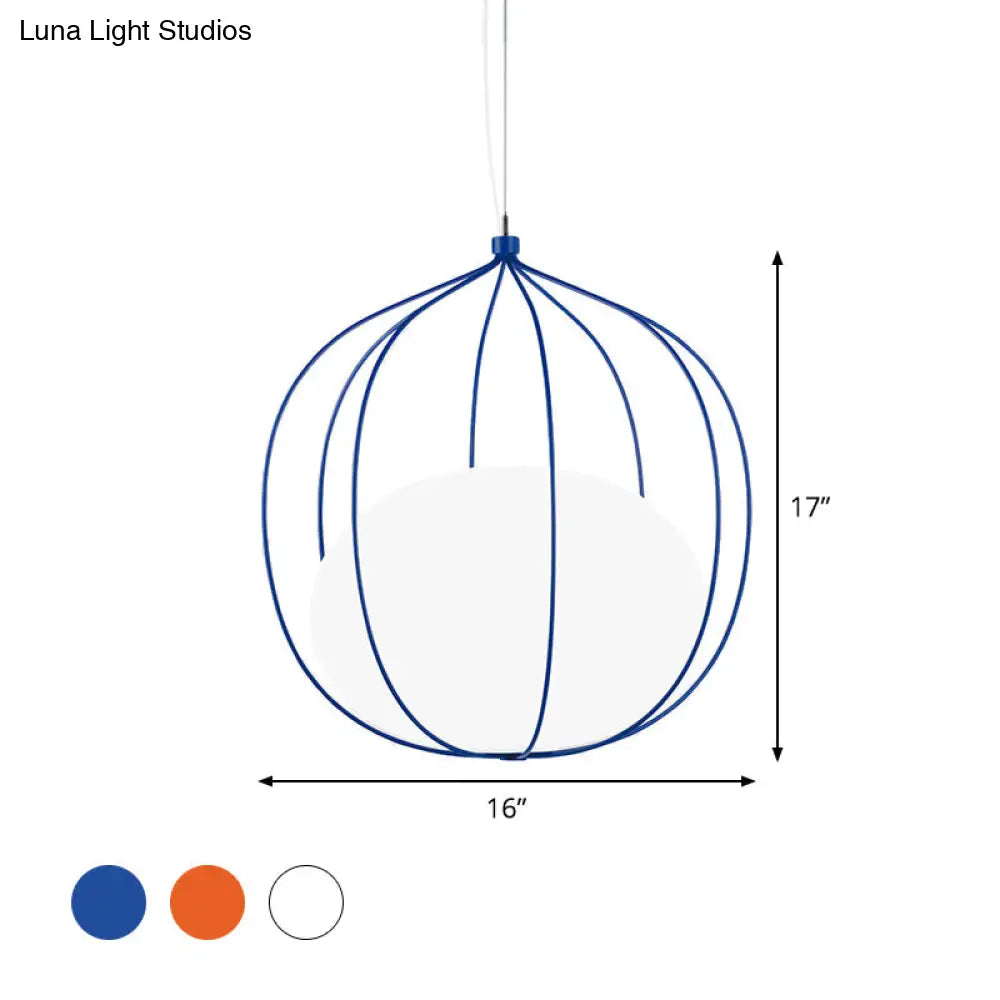 Modern Pendant Light: Egg Milk Glass Suspension With Melon Wire Frame - Ideal For Offices