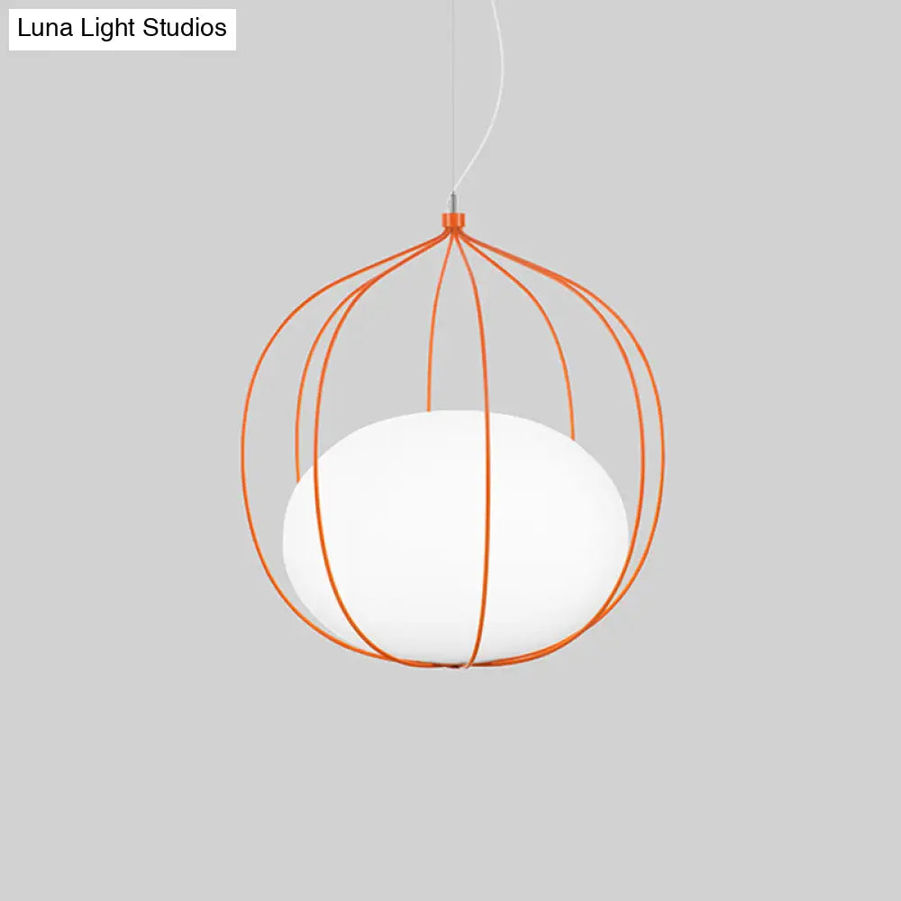 Modern Pendant Light: Egg Milk Glass Suspension With Melon Wire Frame - Ideal For Offices