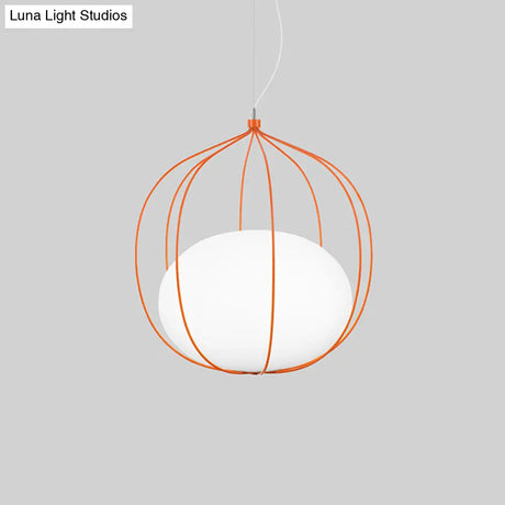 Modern Pendant Light: Egg Milk Glass Suspension With Melon Wire Frame - Ideal For Offices