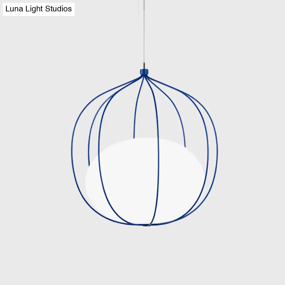 Modern Pendant Light: Egg Milk Glass Suspension With Melon Wire Frame - Ideal For Offices