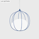 Modern Pendant Light: Egg Milk Glass Suspension With Melon Wire Frame - Ideal For Offices