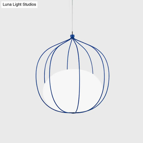 Modern Pendant Light: Egg Milk Glass Suspension With Melon Wire Frame - Ideal For Offices