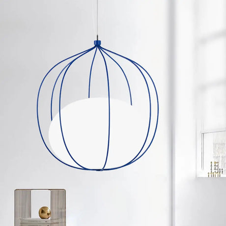 Modern Pendant Light: Egg Milk Glass Suspension With Melon Wire Frame - Ideal For Offices Blue