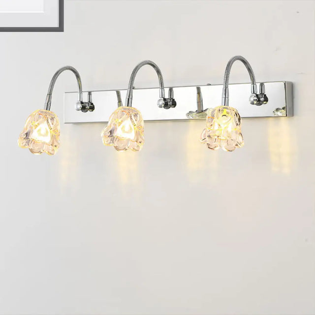 Modern Petal Clear Glass Vanity Light Fixture With Gooseneck Arm - 3 Lights Silver Finish Wall