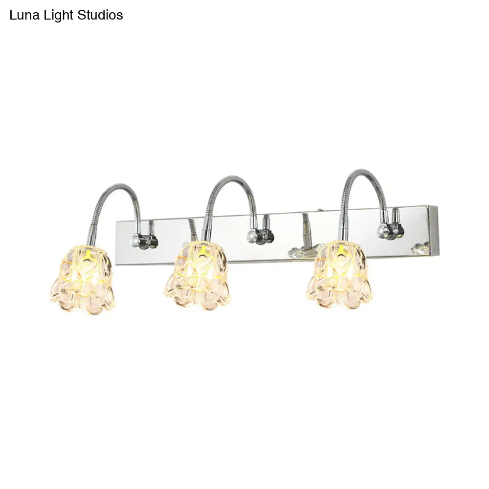 Modern Petal Clear Glass Vanity Light Fixture With Gooseneck Arm - 3 Lights Silver Finish Wall