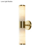 Modern Pillar Shaped Sconce Light: Marble Bedside Wall Lamp In White And Brass