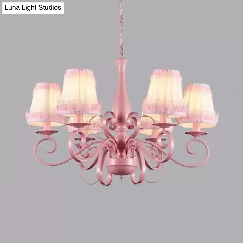 Modern Pink Fabric Chandelier With Tapered Shades - 6 Lights Pendant For Study Room