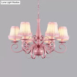 Modern Pink Fabric Chandelier With Tapered Shades - 6 Lights Pendant For Study Room