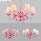 Modern Pink Fabric Chandelier With Tapered Shades - 6 Lights Pendant For Study Room
