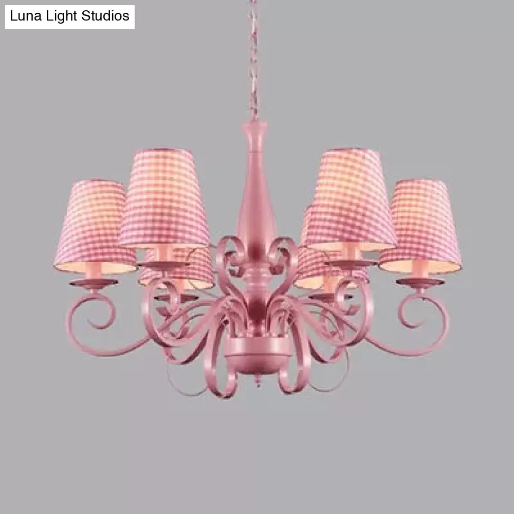 Modern Pink Fabric Chandelier With Tapered Shades - 6 Lights Pendant For Study Room