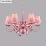 Modern Pink Fabric Chandelier With Tapered Shades - 6 Lights Pendant For Study Room