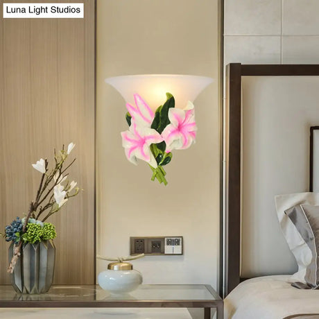 Modern Pink Floral Wall Sconce: Exquisite Resin Lamp With Flush Mount