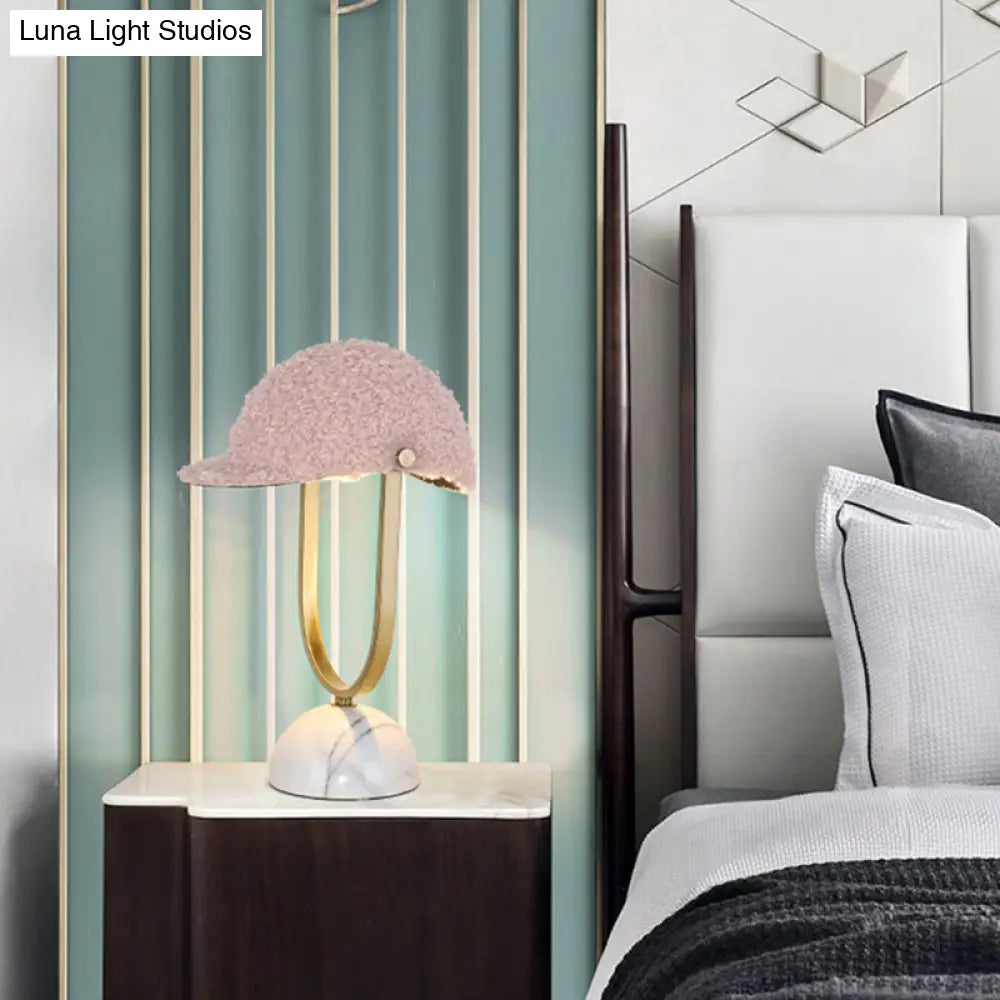 Modern Pink Night Lamp - Hat Plush Table Light With Iron Frame And Marble Base
