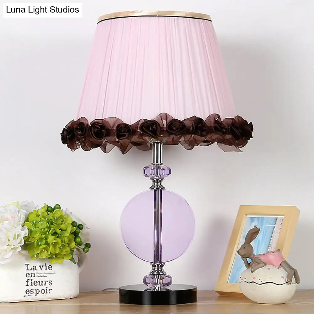 Modern Pink Nightstand Lamp With Crystal Accent And Pleated Shade