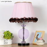 Modern Pink Nightstand Lamp With Crystal Accent And Pleated Shade
