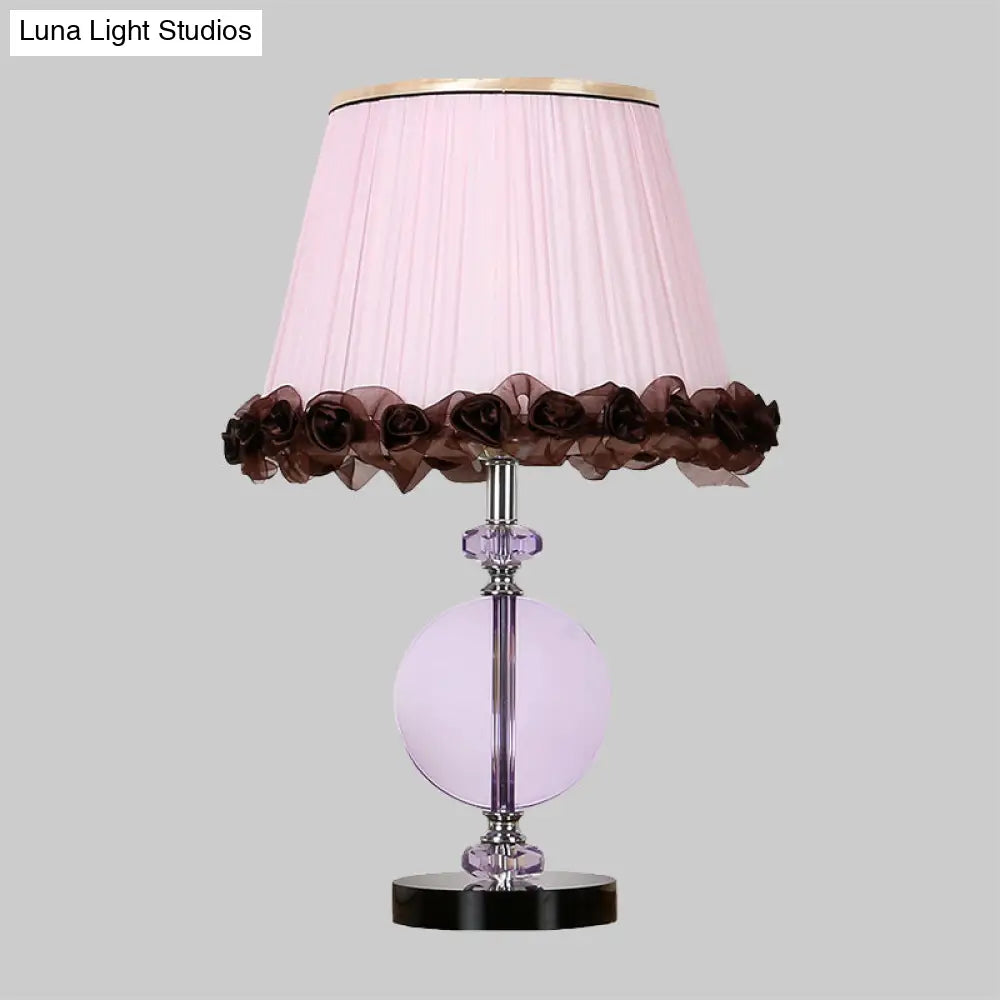 Modern Pink Nightstand Lamp With Crystal Accent And Pleated Shade