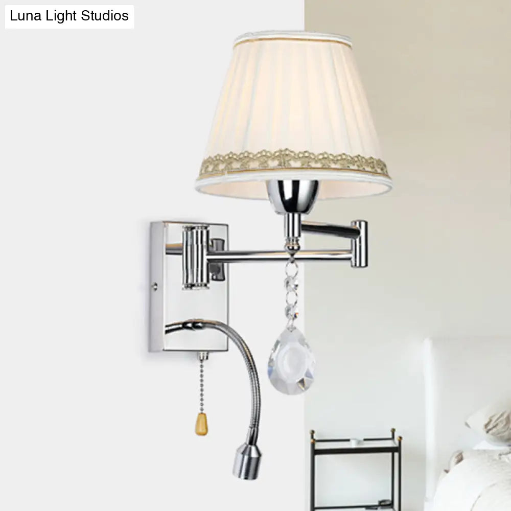 Modern Pleated Fabric Wall Light With Chrome Extendable Arm - 1-Head Reading Sconce