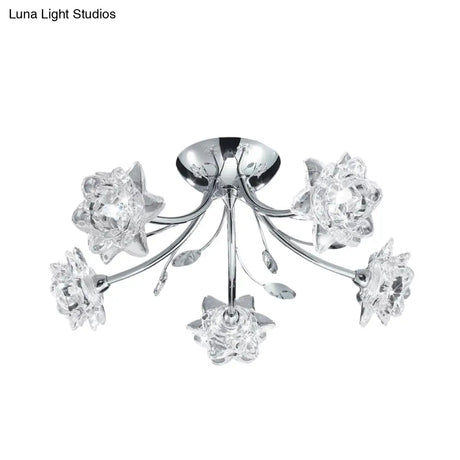 Modern Polished Chrome Crystal Blossom Chandelier - Semi Flush 5-Head Ceiling Mount