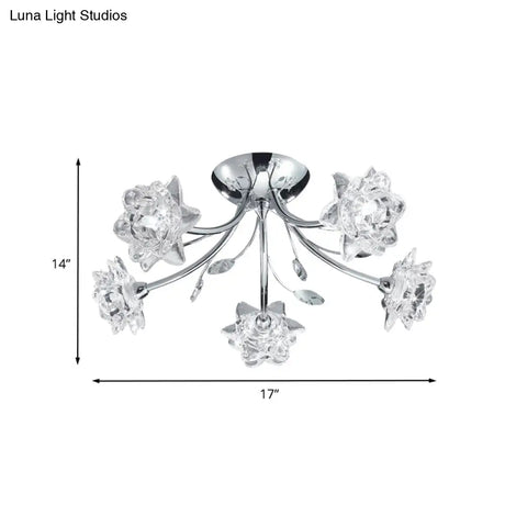 Modern Polished Chrome Crystal Blossom Chandelier - Semi Flush 5-Head Ceiling Mount