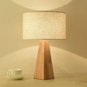 Modern Prismatic Wooden Table Lamp With Beige Night Light And White Fabric Shade