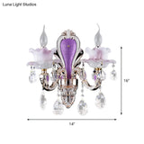 Modern Purple Candelabra Wall Mount Light With Crystal Drop - 1/2 Lights Jade Sconce Fixture