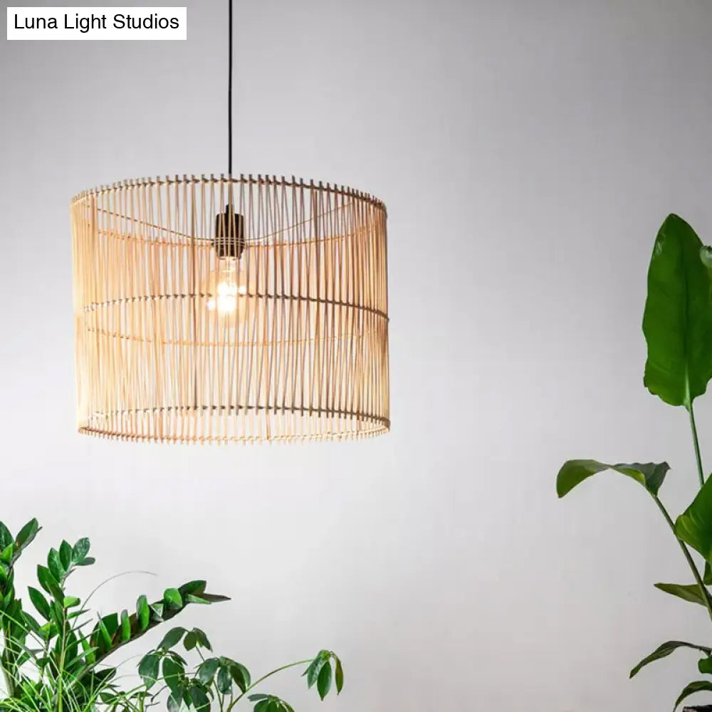 Modern Rattan Drum Shaded Pendant Light For Restaurant Ceiling