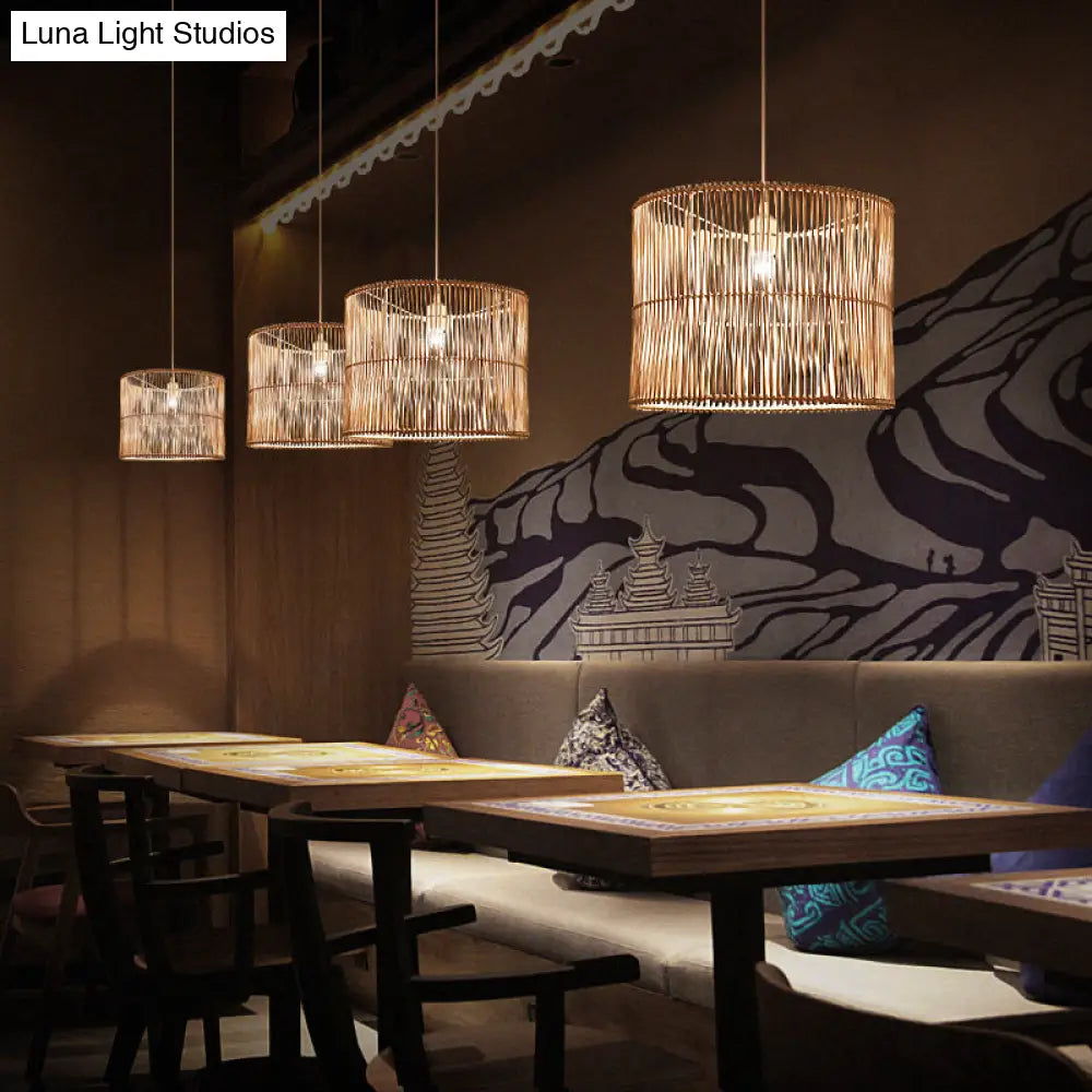 Modern Rattan Drum Shaded Pendant Light For Restaurant Ceiling