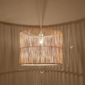 Modern Rattan Drum Shaded Pendant Light For Restaurant Ceiling Wood