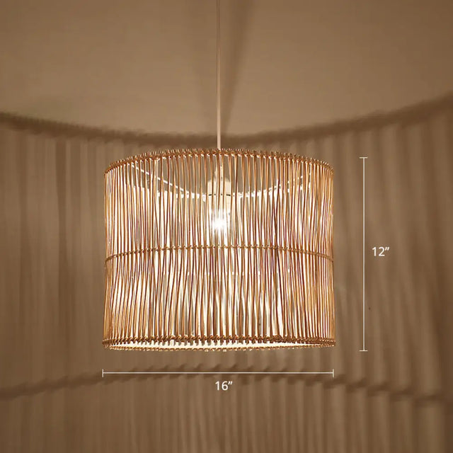 Modern Rattan Drum Shaded Pendant Light For Restaurant Ceiling Wood