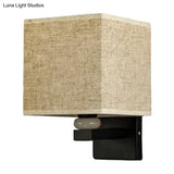 Modern Rectangle Fabric Wall Lamp With Faux Jade Decor - Flaxen/White/Beige 1-Bulb Fixture