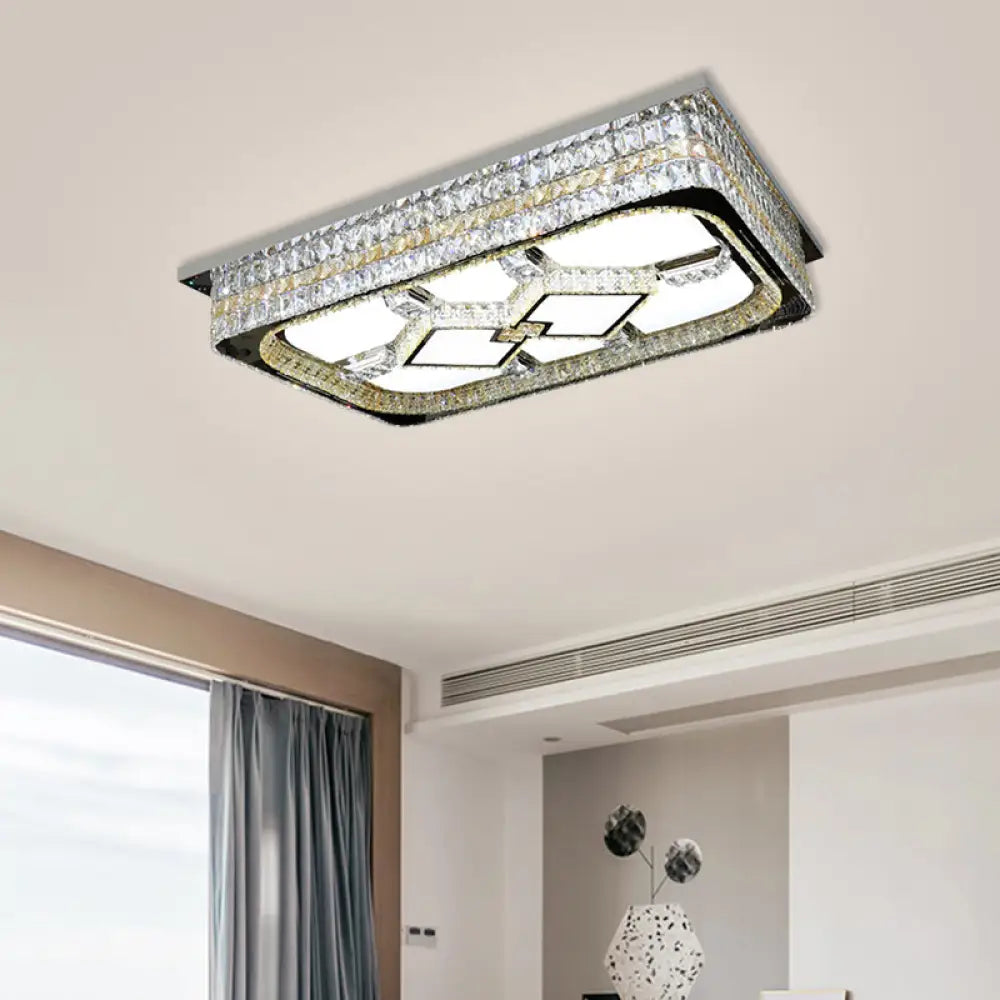 Modern Rectangular Parlor Ceiling Lamp With Clear Crystal Blocks And Stainless-Steel Flush Light