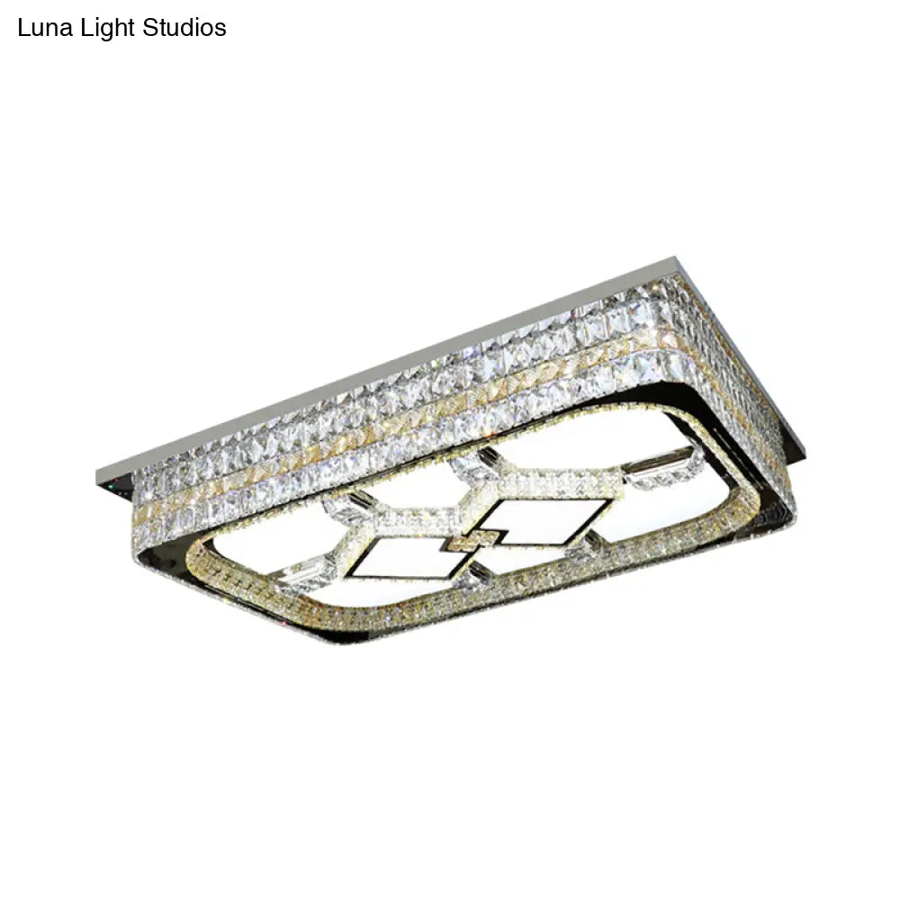 Modern Rectangular Parlor Ceiling Lamp With Clear Crystal Blocks And Stainless-Steel Flush Light