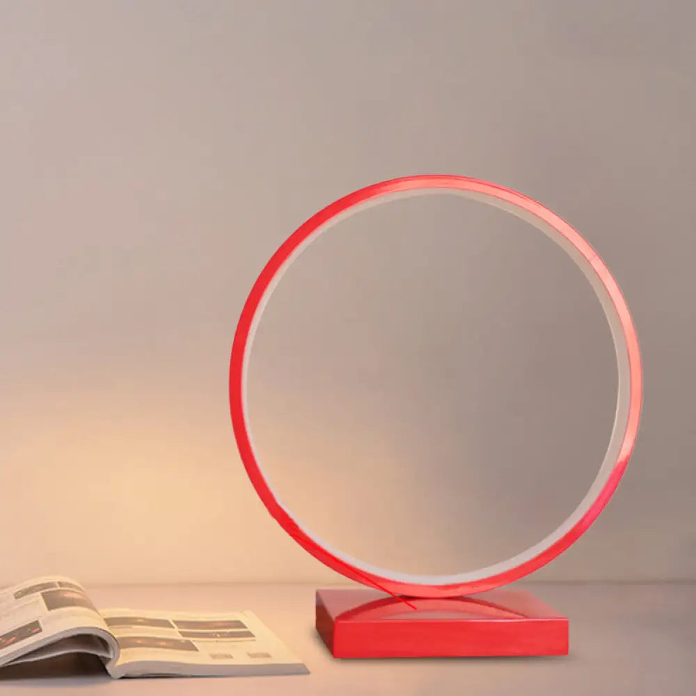 Modern Red/Pink Aluminum Circle Ring Table Light - Plug In Led Nightstand Lamp With Adjustable