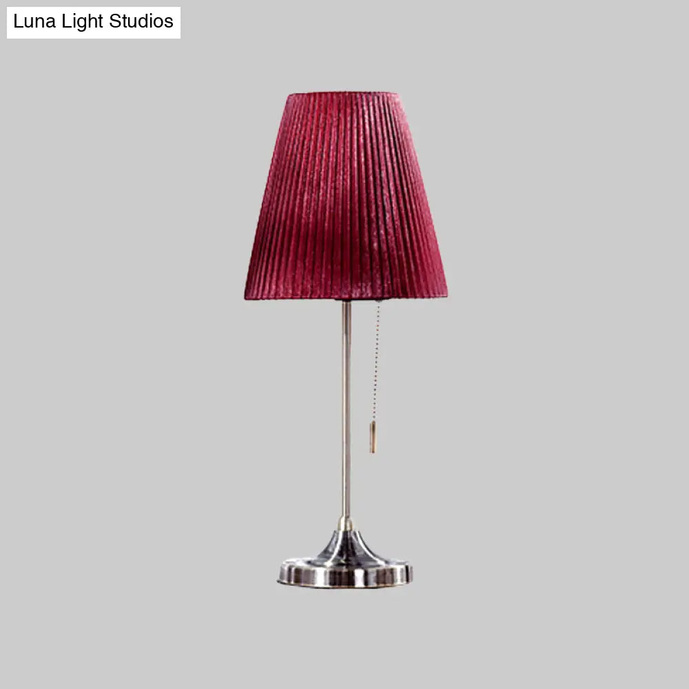 Modern Red Tapered Nightstand Lamp With 1 Bulb Pull Chain And Fabric Shade
