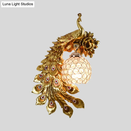 Modern Resin Flower And Peacock Wall Lamp - Dining Room Fixture With Clear K9 Crystal Shade In