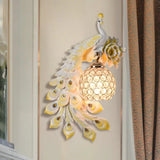 Modern Resin Flower And Peacock Wall Lamp - Dining Room Fixture With Clear K9 Crystal Shade In